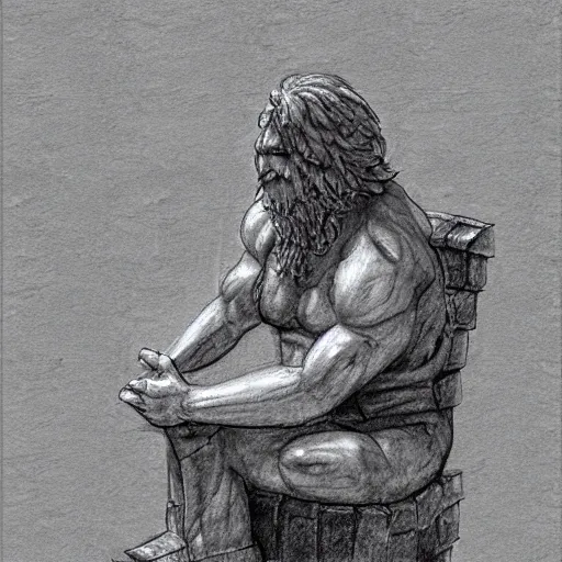 Prompt: rock dude sitting in a stone chair looking at his hands, in the style of stepehn gemmel, charcoal and ink on cold pressed paper, zbrush, high detail, atmospheric