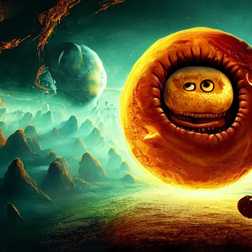 Image similar to one eldritch horror bloody garfield in space, galaxy, hd, 8 k, explosions, giant, epic, realistic photo, unreal engine, stars, prophecy, powerful, cinematic lighting, destroyed planet, debris, violent, sinister, ray tracing, dynamic, print, epic composition, dark, horrific, teeth