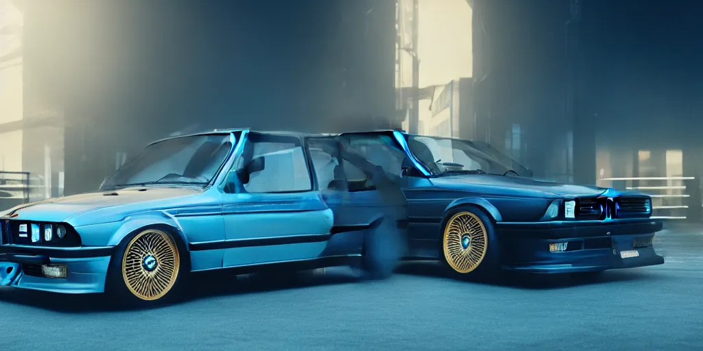 Image similar to a design of a bmw e30, designed by Polestar, blade runner background, iridescent blue car paint, wrapped in gold lead, black windows, dramatic lighting, hyper realistic render, depth of field, 8k, rendered in octane