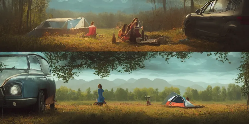 Image similar to looking out a car window to see two women camping, elegant scene, low angle, wide angle, indian forest, wide angle, cinematic, ultrarealistic, trending on artstation, cgsociety, highly detailed, color graded, rendered in unreal engine 4 k hq, matte painting, by simon stalenhag and hudson river school, horizon forbidden west