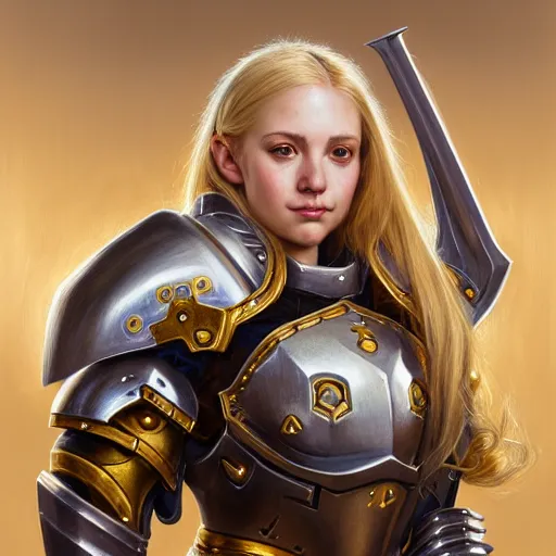 Image similar to Portrait of a girl with blonde hair wearing a heavy knight armor, Overwatch inspired, golden accents and armor by Donato Giancola, face, fantasy, intricate, elegant, highly detailed, digital painting, artstation, concept art, smooth, sharp focus, illustration, art by Wei Fan and Fernanda Suarez and Artem Demura and alphonse mucha