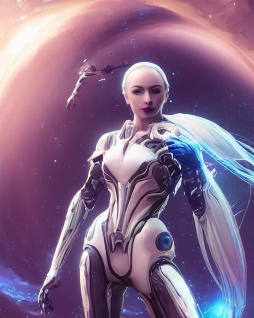 Prompt: photo of a beautiful girl on a mothership, android, warframe armor, pretty face, scifi, futuristic, galaxy, raytracing, dreamy, perfect!!!, cosmic wind, pure, long white hair, blue cyborg eyes, glow, insanely detailed, artstation, innocent look, art by gauthier leblanc, kazuya takahashi, huifeng huang