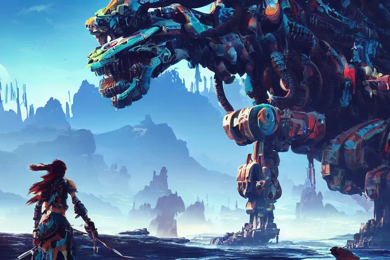 Image similar to tideripper machine mecanical creature robot of horizon forbidden west horizon zero dawn bioluminiscence global illumination ray tracing hdr fanart arstation by ian pesty and alena aenami artworks in 4 k