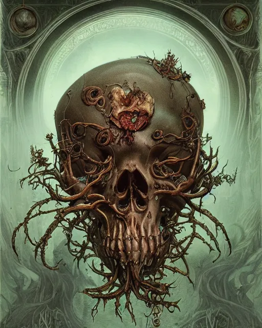 Prompt: a beautiful detailed front view of a dead rotten skull with ornate growing around, ornamentation made of baroque architecture, elegant, beautifully soft lit, by wayne barlowe, peter mohrbacher, kelly mckernan