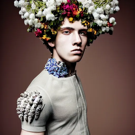 Image similar to a portrait of a beautiful young male wearing an alexander mcqueen armor made of flowers , photographed by andrew thomas huang, artistic