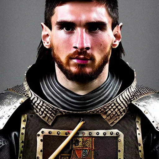 Prompt: medieval portrait photo of leonel messi as a armored fighter, photo by philip - daniel ducasse and yasuhiro wakabayashi and jody rogac and roger deakins