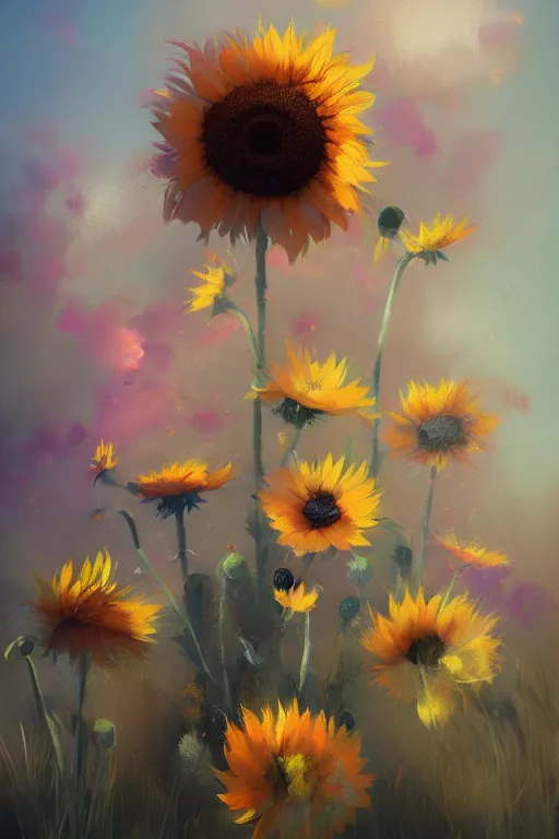 Prompt: beautiful digital matte pastel paint sunflowers poppies popart greg rutkowski artstation