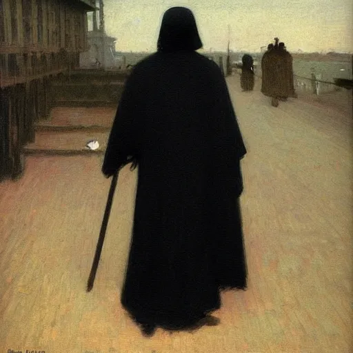 Image similar to Back view of the grim reaper, thin black robe, curvy, peach emoji, death himself, elegant, deep shadows, award winning, by Ilya Repin, deviant art