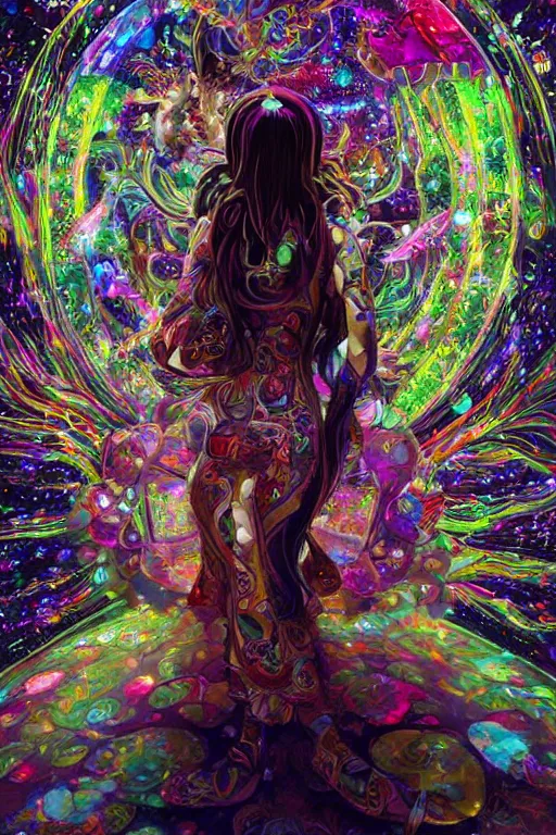 Image similar to acid trip, hall of mirrors, intricate, highly detailed, anime, 4k, a beautiful seductive deer woman holding a crystal containing the universe, with professional makeup, long trippy hair, surrounded by gems, underneath the stars, trending on patreon, deviantart, twitter, artstation, volumetric lighting, heavy contrast, by artgerm and Ilya Kuvshinov and alphonse mucha