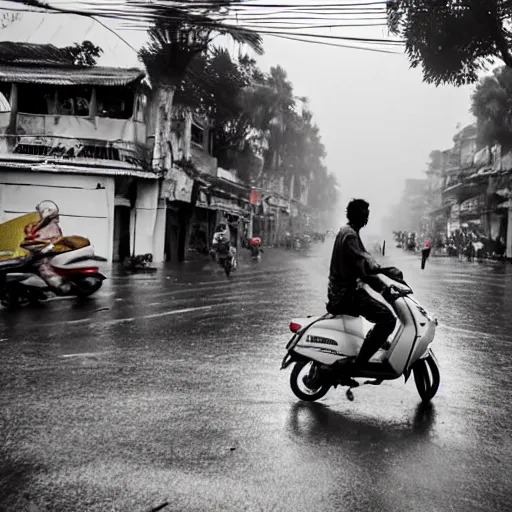 Image similar to a man riding a moped during a tornado hurricane, hanoi vietnam