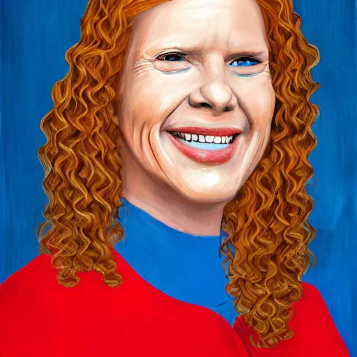 Image similar to the official presidential portrait of ginger head woman, fair skin, smiley, long curly hair, blue blouse, hyper realistic, detailed face