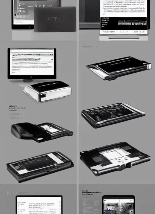 Image similar to electronics catalogue pages, hyper-detailed futuristic gadgets designed by Syd Mead, Jony Ive and Dieter Rams