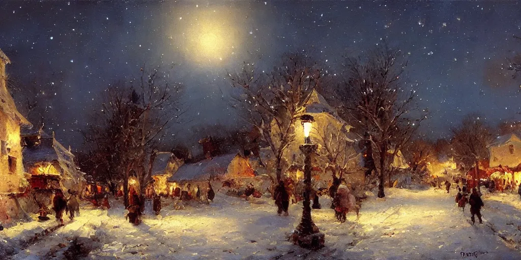 Prompt: a scene of a small eastern european village at night, stars, moon, wintertime, painting by daniel f. gerhartz