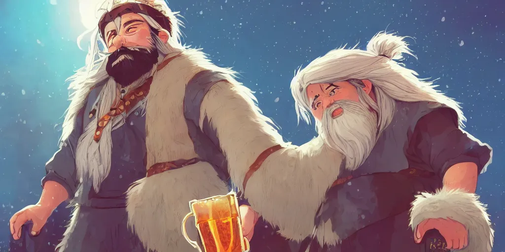 Prompt: a dwarf warrior with long white hair, white braided beard, holding a mug of beer, a lot of pockets, fur cape, tavern background, magical, bright, colorful, fantastic lighting, amazing details, 4 k uhd, illustration by hayao miyazaki and makoto shinkai and ilya kuvshinov, artstation, pixiv,