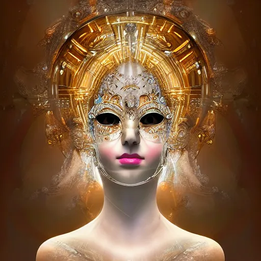 Prompt: highly detailed digital painting of a beautiful goddess by wlop, bright light emerging from her eyes, wearing venetian woman mask, sculpted in white opalescent marble, with lots of thin ornaments, disolving with a luminous background, curves and chaotic fractal art inlays, intricate, 8 k, white box, cinematic light, high aperture, background atmospheric effects