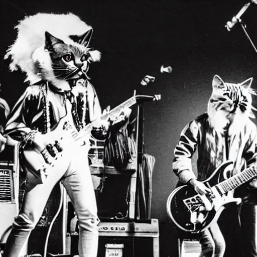 Prompt: photo of a cat - headed band playing on stage, dressed in 1 9 8 0's new wave clothes