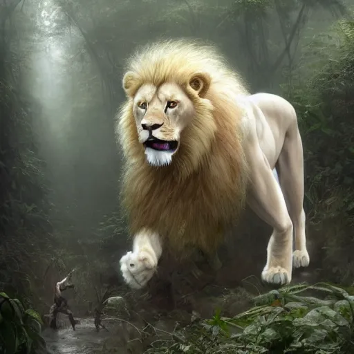 Image similar to commission portrait of a male anthro albino lion,wearing cargo pants and a boack t-shirt,going through a jungle cautiously.dramatic,character design by charles bowater,greg rutkowski,ross tran,hyperdetailed,hyperrealistic,4k,deviantart,artstation,professional photography,concept art