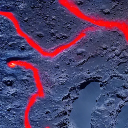 Image similar to a picture of an alien planet, taken from orbit, dark blue planet, red narrow lava rivers, center of the frame