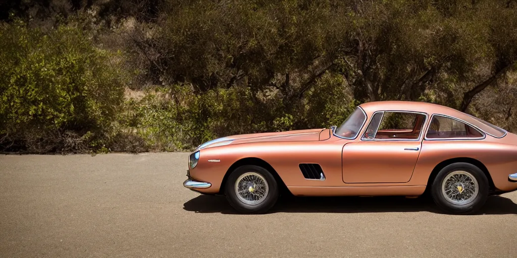 Image similar to photograph, 1958 FERRARI 250 GT, copper paint, by Peter Singhof, press release, cinematic, malibu canyon, 8k, depth of field, bokeh. rule of thirds