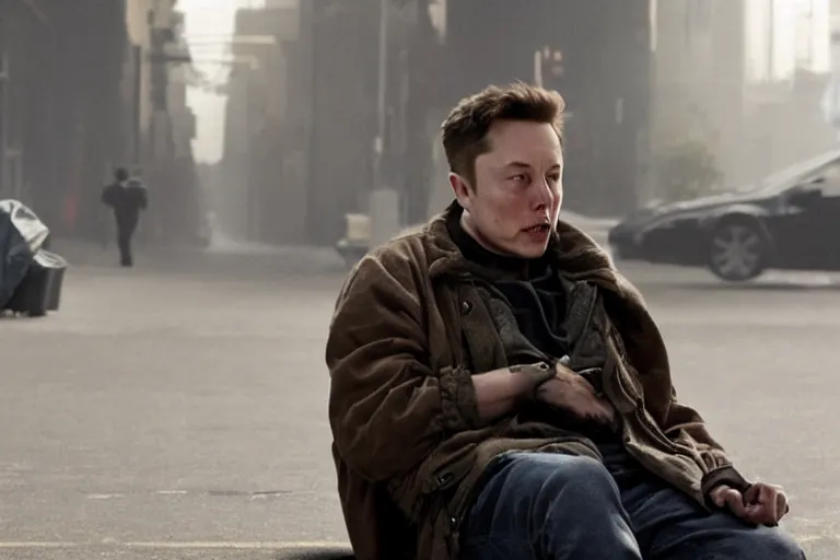 Prompt: a Film still of Elon musk as a homeless person in the new Christopher Nolan movie, 4k