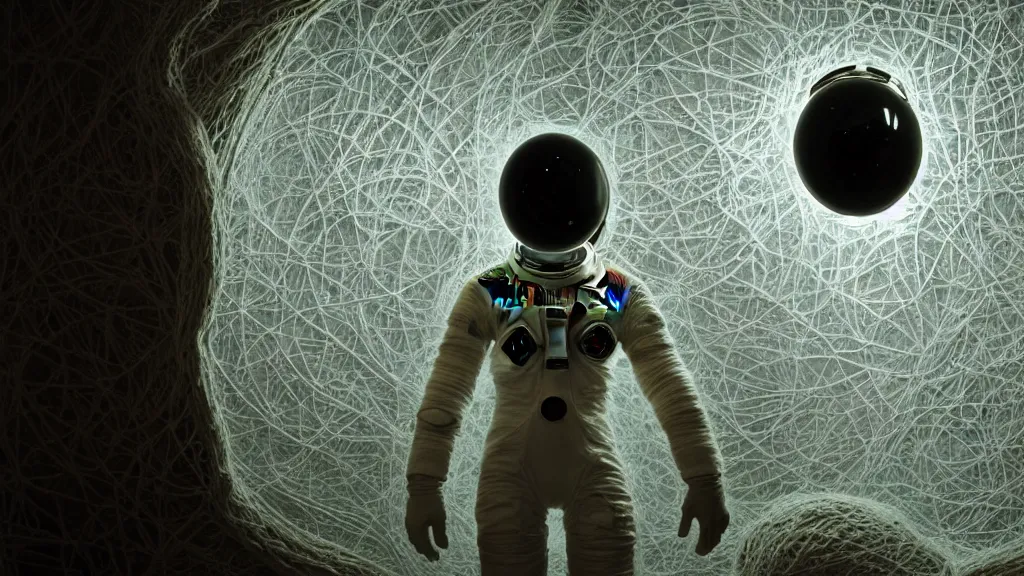 Image similar to a cybernetic symbiosis of a single astronaut eva suit made of wearing knitted yarn thread infected with diamond 3d fractal lace iridescent bubble 3d skin covered with insectoid compound eye camera lenses floats through the living room, film still from the movie directed by Denis Villeneuve with art direction by Salvador Dalí, wide lens,