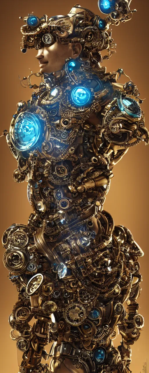 Image similar to Portrait of a steampunk sci-fi cyborg pirate bionic man, third person, D&D, sci-fi fantasy, cogs and springs, shiny jewels, intricate, gold with blue and teal fringe highlights, highly detailed, art by Range Murata, highly detailed, 3d, octane render, bright colors, digital painting, trending on artstation, sharp focus, illustration style of Stanley Artgerm, highly detailed background in a cinematic style