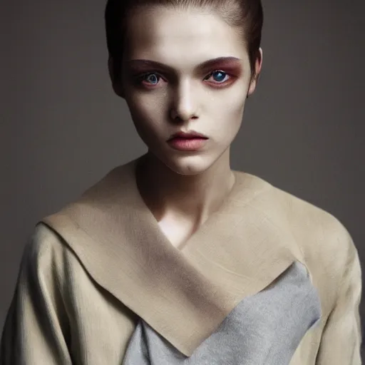 Image similar to a muted colors natural make-up portrait photograph, editorial story, Vouge Japan, editorial photography by Peter Gehrke