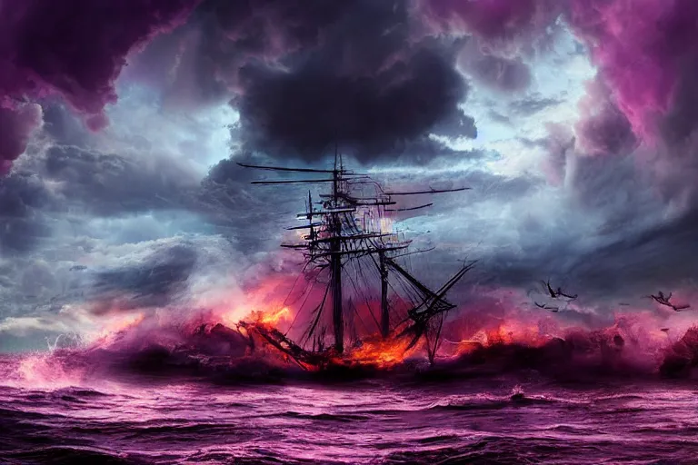 Prompt: a huge pirate ship rockex by violent stormy waters, massive fire and electrical storm clouds in epic purple sky, dark night, digital art, cinematic, hd, trending on artstation