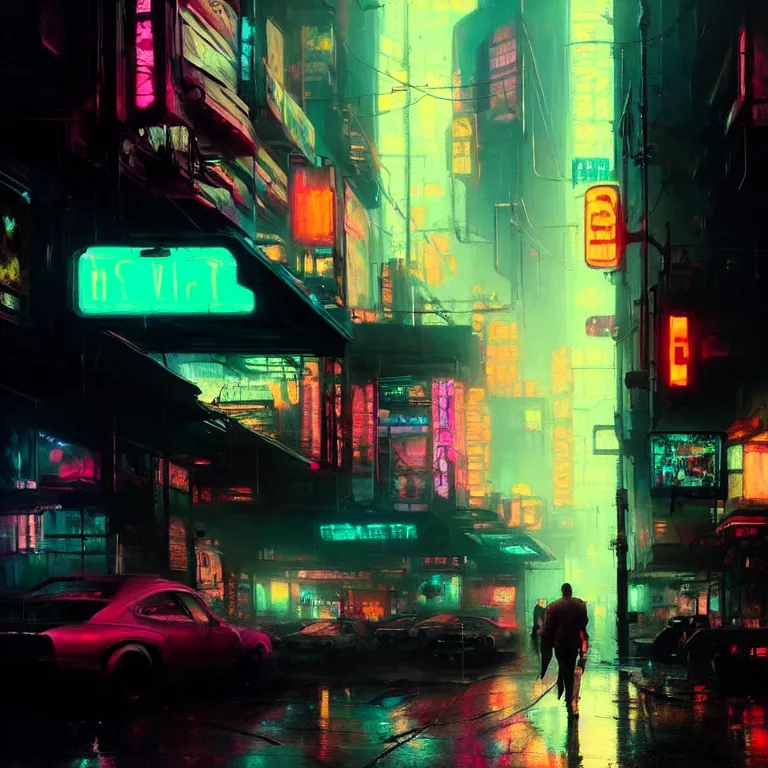 Image similar to beautiful painting by jeremy mann, cyberpunk street, neon signs, still from enter the void movie, pastel hypercolor scheme, baroque portrait painting, perfect composition, detailed octane render trending on artstation, 8 k artistic photography, volumetric cinematic perfect light, chiaroscuro, masterpiece, raphael, caravaggio, beksinski, rutkowski