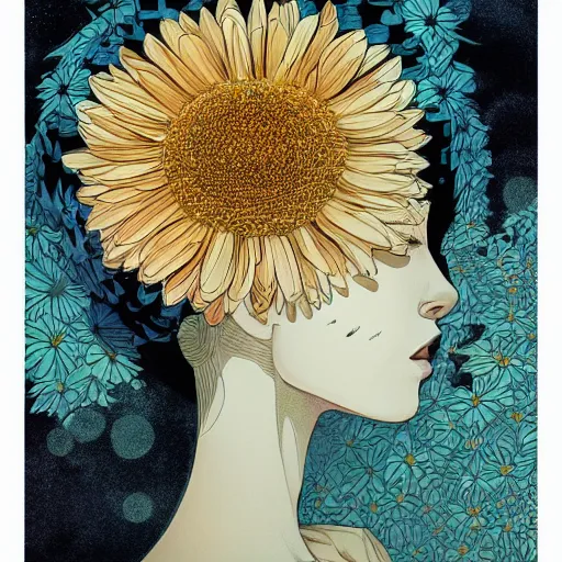 Image similar to closeup, huge daisy flower head, woman in modern apartment, surreal, dramatic light, by victo ngai by james jean, by rossdraws, frank franzzeta, mcbess