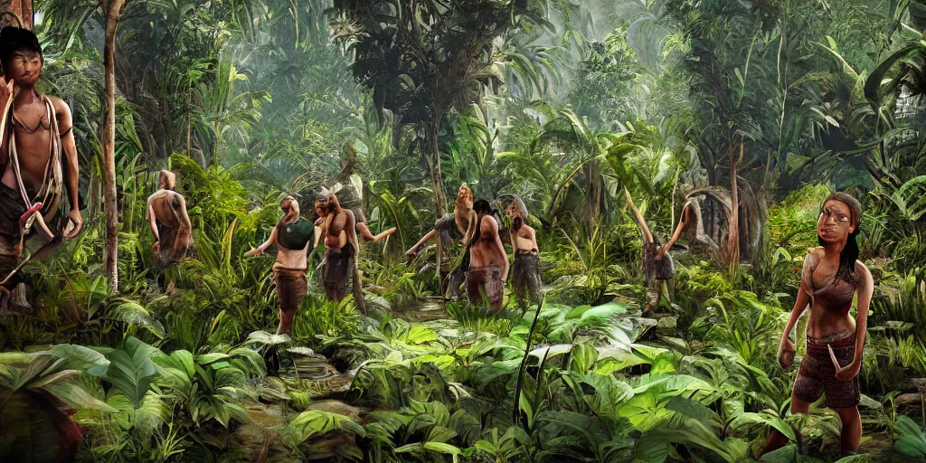 Image similar to borneo people in jungle, unreal 5, hyperrealistic, realistic, photorealistic, dynamic lighting, highly detailed, cinematic landscape, studio landscape, studio lighting