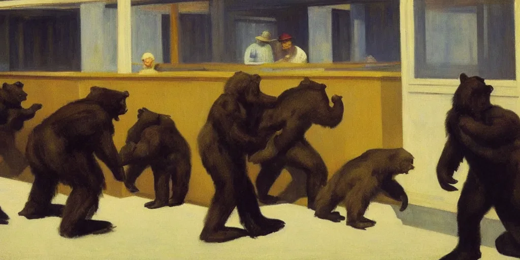 Image similar to edward hopper's painting, of a group of werebears robbing a bank