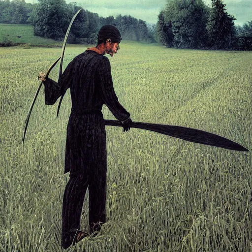 Prompt: death with a scythe takes its harvest in the field, ultrarealistic, photorealism, high quality, ultra detailed, 16k,