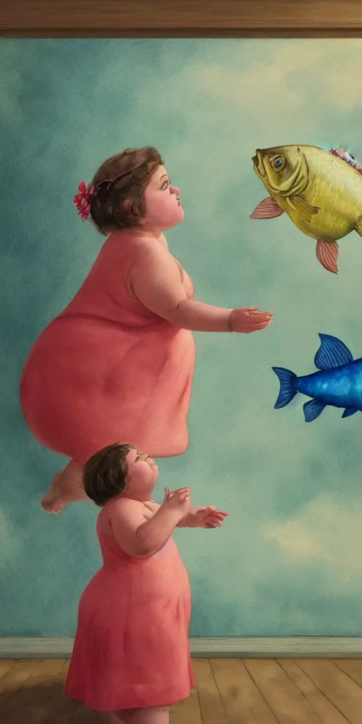 Image similar to a hype realistic oil painting of the most cute little fat girl kissing a huge colorful cute fish. hype realistic scene. old photography style. studio lighting. window. 3 d, octane render, deep focus, fashion style, white scene. very funny and sweet art. unreal engine. watercolor. fellini style. poster quality. da vinci painting style. illustration.