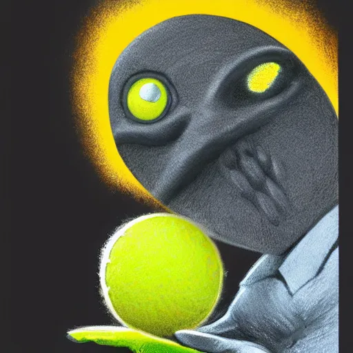 Image similar to a tennis ball monster, tennis ball, dark, chalky, rich playboy, digital art, fantasy, magic, trending on artstation, ultra detailed, professional illustration by Basil Gogos