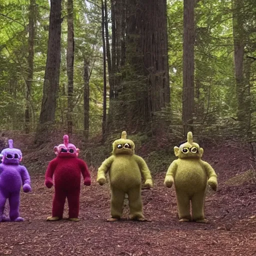 Image similar to photo of feral cryptid sasquatch teletubbies in the woods