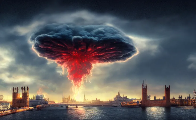 Image similar to nuclear mushroom cloud over London featured on artstation, ultrawide angle cycles render, 4k