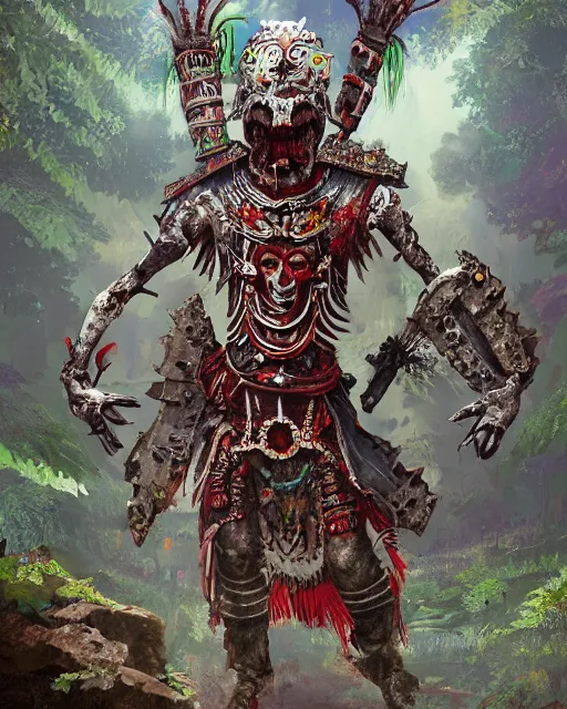 Prompt: An illustration of a bloody aztec zombie warrior wearing a full set of ornate armor, in a dense foggy jungle environment, digital painting, art by Nicola Saviori and Studio Ghibli and Pablo Picasso, artstation, octane render, studio ghibli color scheme