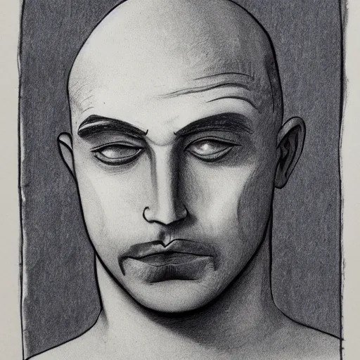 Image similar to portrait of bald short - bearded man with round face, small eyebrows, wide lips and kind blue eyes, minimalictic black and white, ink, pencil