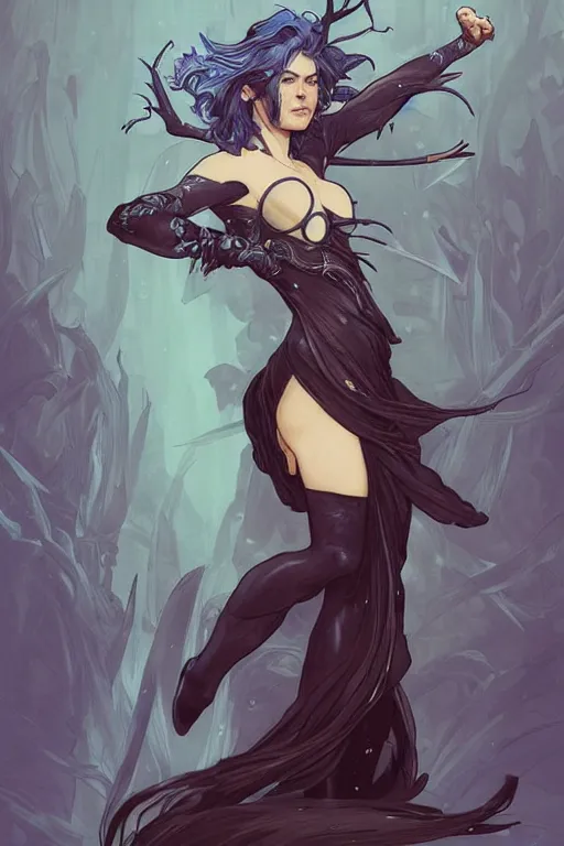 Image similar to fullbody!! dynamic action pose illustration, art by artgerm and greg rutkowski and alphonse mucha, beautiful woman with blue hair, antlers on her head, long flowing intricate black dress, dnd, face, fantasy, intricate, elegant, highly detailed, digital painting, artstation, concept art, smooth, sharp focus,