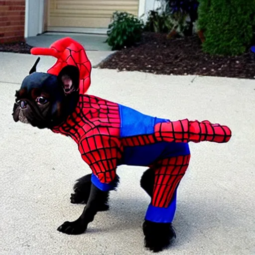 Image similar to a dog wearing a spiderman costume