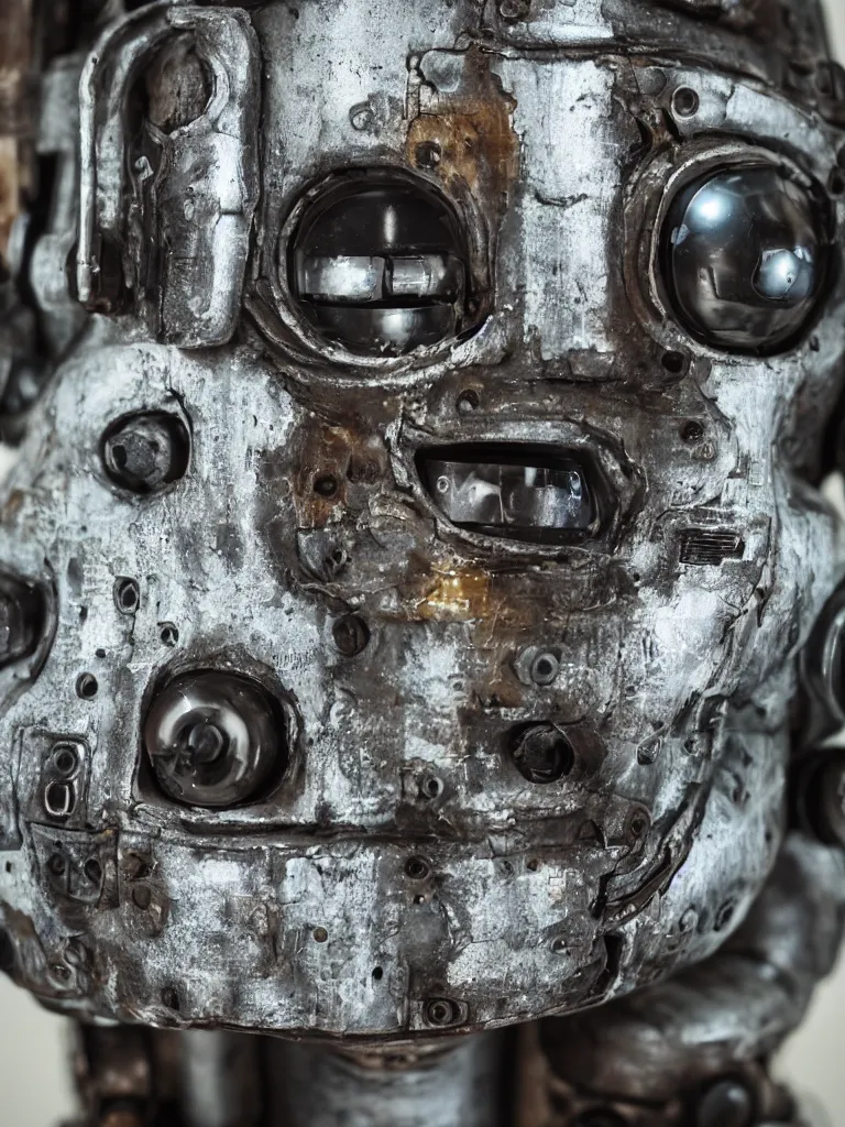 Image similar to closeup of a cyberpunk rustic robot head, sigma 55mm f/8