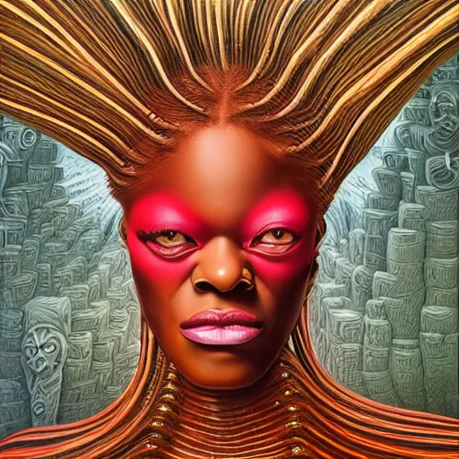 Prompt: Azealia Banks by jacek yerka, alex gray, zdzisław beksiński, dariusz zawadzki, jeffrey smith and h.r. giger, oil on canvas, 8k highly professionally detailed, trending on artstation