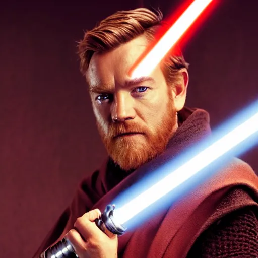 Prompt: obi-wan kenobi holding a lightsaber, star wars, ewan mcgregor, high quality, 4k, photography, professional, film, promotional image, dramatic lightning, cinema, portrait, detailed face, sharp focus, DSLR, HDR,