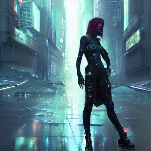 Image similar to cyberpunk razorgirl, pavewalk, scifi, megacity background, neuromancer, dramatic lighting, painted by raymond swanland, painted by greg rutkowski, painted by jeremy mann, painted by artgerm, painted by igor kieryluk, trending on artstation