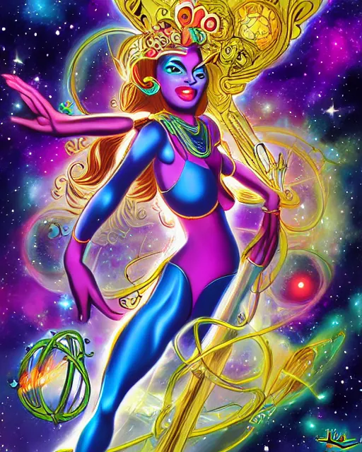 Prompt: the cosmic space goddess of evolution, beautiful digital painting in the style of Jack Kirby (1968), and don bluth, sharp details, intricate detail, crackling energy, quirky expression