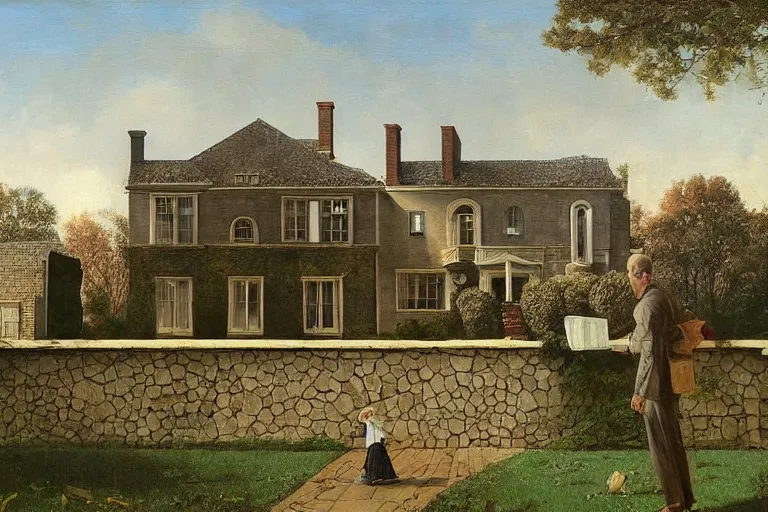 Image similar to a small house and a mansion. they are divided by a wall of money by rockwell