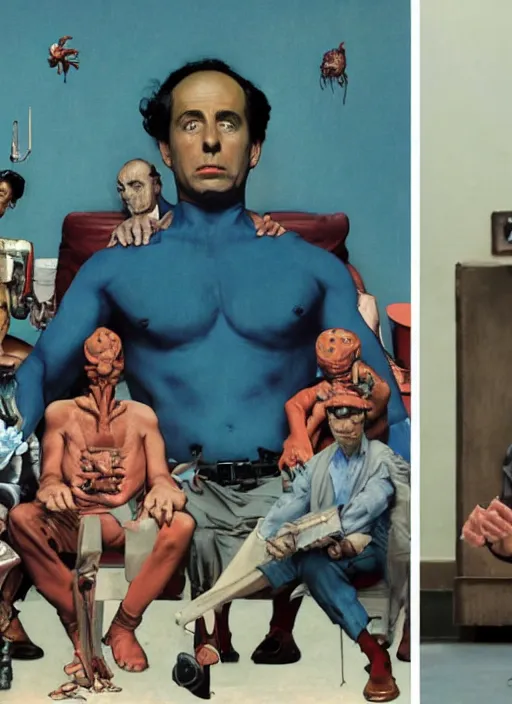 Prompt: a still from the tv series seinfeld and a still from the film avengers : infinty war of francis bacon and norman rockwell and james jean, a still from the movie godfather by mark brooks, triadic color scheme, by greg rutkowski, syd mead and edward hopper and norman rockwell and beksinski, dark surrealism, orange and turquoise