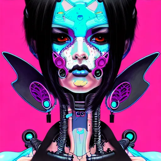 Image similar to portrait painting of a punk cybernetic fairy with beautiful black hair and eyes, sharp focus, award - winning, trending on artstation, masterpiece, highly detailed, intricate. art by josan gonzales and moebius and deathburger