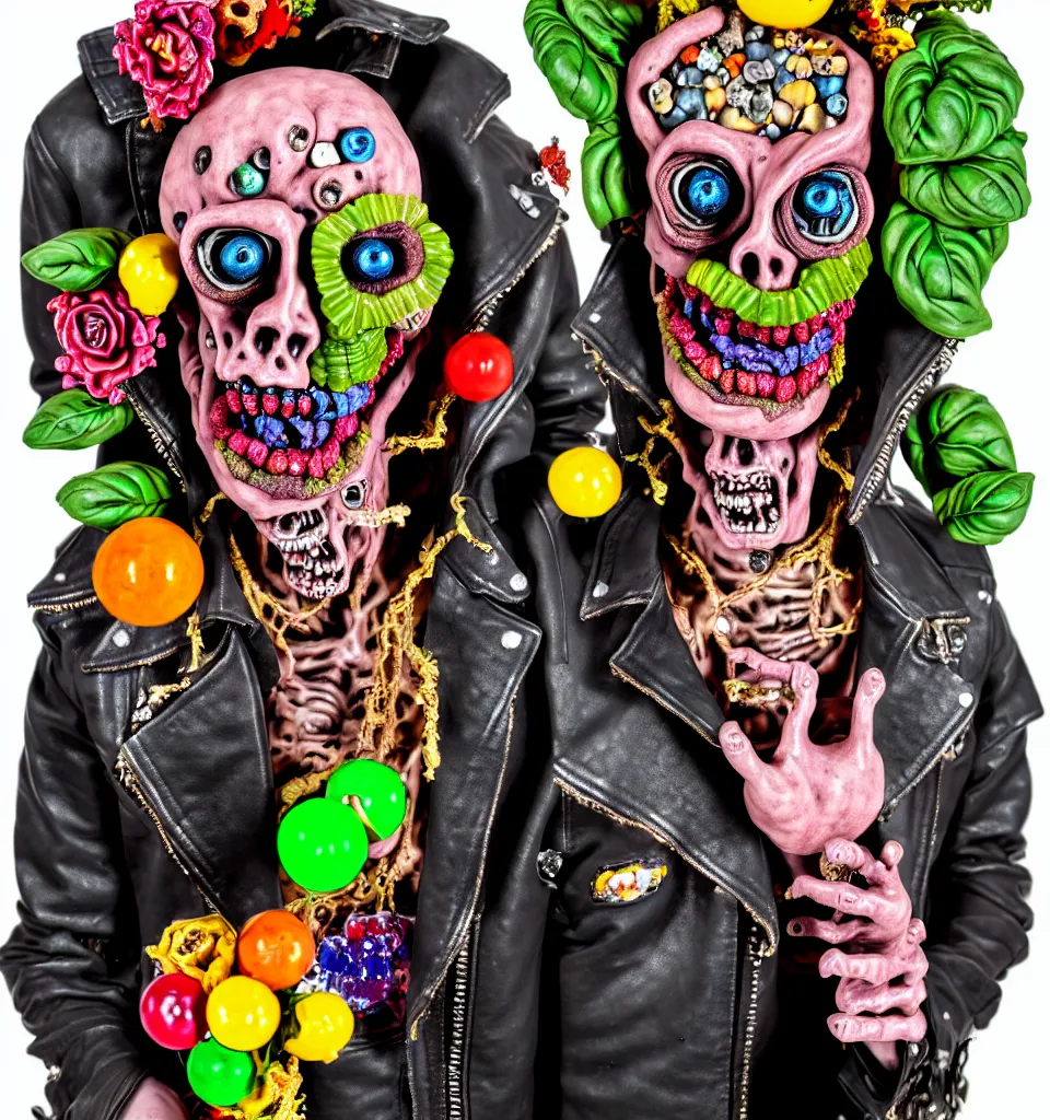 Prompt: portrait of a zombie punk rock star, leather jacket, ripped jeans, head made of fruit gems and flowers in the style of arcimboldo, basil wolverton, kenny scharf, action figure, clay sculpture, claymation, dramatic stage spotlight lighting